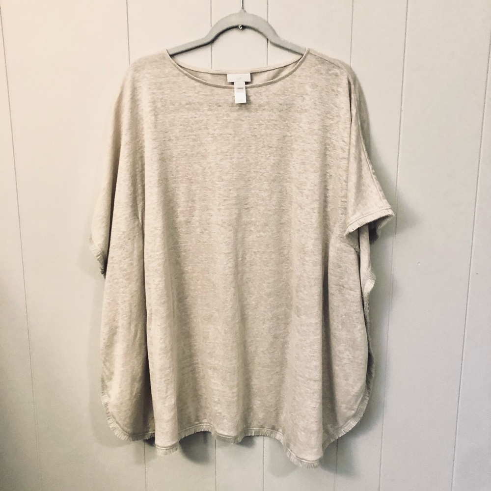 JJill Poncho Sweater 100% Linen Fringe Oatmeal Beige Layering XS / S